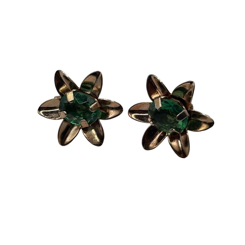 Vintage Gold Tone Big Green Rhinestone 3D Flower Screw Back Earrings Retro 1”